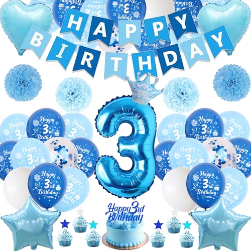Xietaea Deko 3. Geburtstag Junge Blau - 58 Stück 3. Geburtstagsdeko Luftballons Happy Birthday Girlande Tortendeko, Papier Pompons und Riesen Zahlballon zum 3 Geburtstagsfeier Dekoration Xietaea Deko 3. Geburtstag Junge Blau - 58 Stück 3. Geburtstagsdeko Luftballons Happy Birthday Girlande Tortendeko, Papier Pompons und Riesen Zahlballon zum 3 Geburtstagsfeier Dekoration von Xietaea