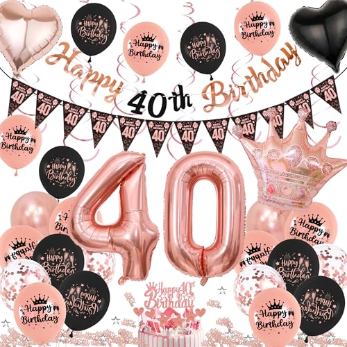 Xietaea Deko 40. Geburtstag für Frauen - Rosegold Happy Birthday Girlande Luftballons Konfetti und Tortendeko, 40 Jahre Geburtstagsdeko Banner Krone Folienballon Tischdeko von Xietaea