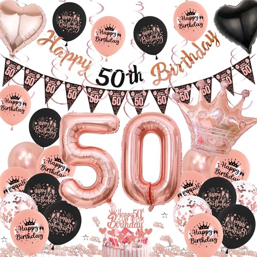 Deko 50 Geburtstag Frau Rosegold Schwarz - 50 Jahr Geburtstagsdeko Luftballons Girlande Konfetti und Tortendeko, Happy Birthday Banner Folienballon Tischdeko für 50. Geburtstagsfeier von Xietaea