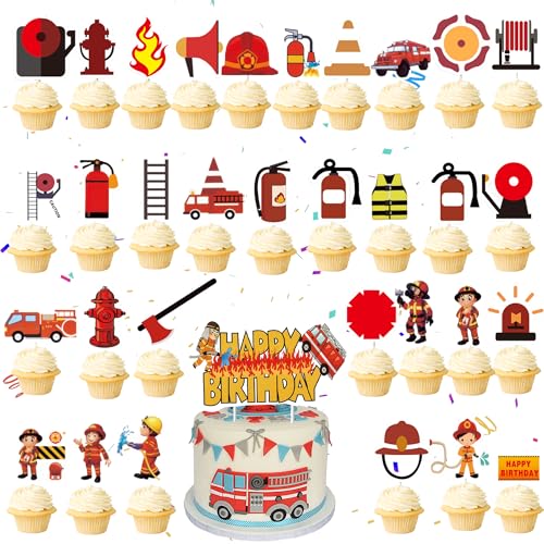 Xietaea Feuerwehr Tortendeko für Kindergeburtstag - 33 Stück Feuerwehr Kuchen Deko mit Happy Birthday Tortendeko und Feuerwehrmotiven Cupcake Topper, Feuerwehr Geburtstag Dekoration für Kinder von Xietaea