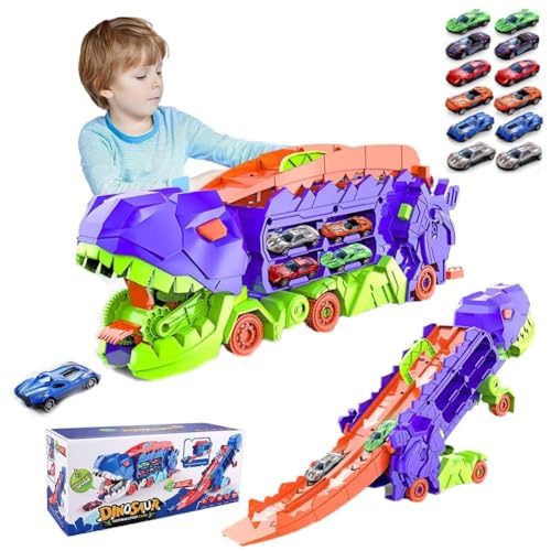 Transport-Dinosaurier-LKW mit faltbarem Schieber, Dinosaurier-Auto-Spiel-LKW, Dinosaurier-LKW-Spielzeug for Kinder, Tyrannosaurus-Transport-Autotransporter-LKW, Transport-LKW-Transporter-Autos(Purple, von Xifyjus