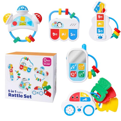 Xijobido Beißring-Rassel-Shaker-Spielzeug-Set, Rassel-Beißring-Spielzeug-Set für Kinder - 5 Teile/Satz Kleinkind Musik Lernspielzeug Rassel Set | Kinderkrankheiten, Gitarre, Klavier, Rassel, Telefon, von Xijobido