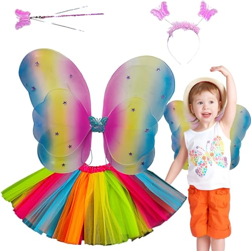 Xijobido Feenkostüm für Mädchen | Feenkostüme für Kinder B | 4 Stück Schmetterlingsstab Cosplay Zubehör Dress Up Fairy Wings für kleine Mädchen für Princess Dress Up von Xijobido