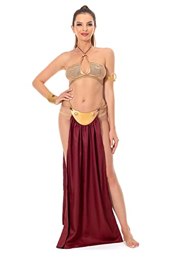 Xikaufo Erwachsene Prinzessin Sklave Outfit Bikini Karneval Cosplay Kostüm Kleid Gold BH Halloween Party Kostüm Outfits für Frauen, Rot/Ausflug, einfarbig (Getaway Solids), S von Xikaufo