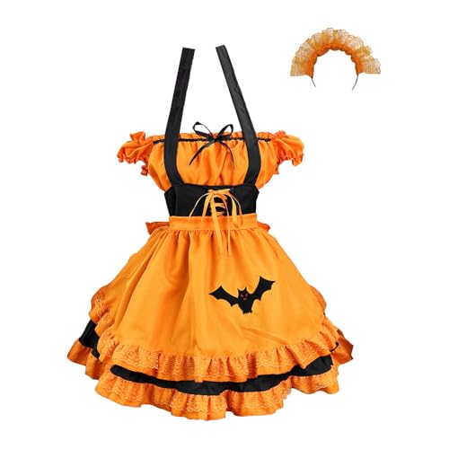 Xinchangda Damen Dienstmädchenkleid Orange und Schwarz Fledermaus Kleid mit Haarband Gothic Halloween Kostüm Cosplay Party Outfits Fasching Balluniform von Xinchangda