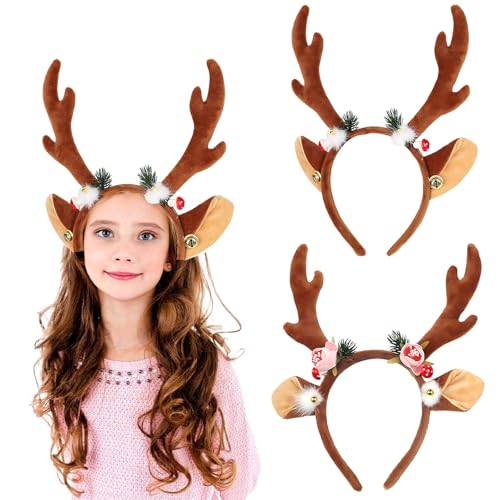 XineYuor Rentier Haarreif, 2PCS Haarreifen Weihnachten mit Blumen,Geweih Haarreif Haarreifen Weihnachten Reh Haarreif Weihnachts Haarschmuck für Damen Mädchen Kinder Weihnacht Kostüme Zubehör von XineYuor