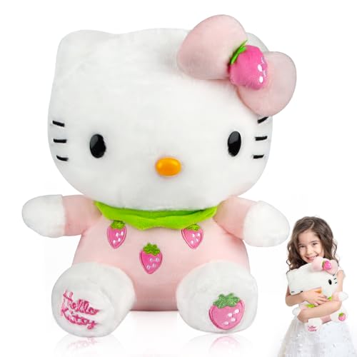 Xingsky Cat Plush, Hello Kitty Plüschtier 30cm Cat Plushie Kawaii kuscheltiere für Kinder Mädchen Erwachsene Geburtstage Weihnachten Party - kleine Erdbeere von Xingsky