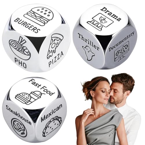 Date Night Decision Dice – Würfel-Essensspiel, süße Mahlzeit-Entscheidungswürfel | Lustige Entscheidungswürfel aus Metall, 3 Stück | Niedliche Entscheidungswürfel für Jubiläum, Valentinstag, tragbare von Xinhuju