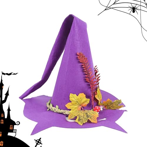 Halloween Hexenhut,Mädchen Hexenhut - Mädchen Halloween Party Kostüm Hexenhut | Spitzhut mit breiter Krempe im Used-Look und Blätter-Dekor für Mädchen, Erwachsene, Halloween, Hexe, Cosplay-Kostüm von Xinhuju