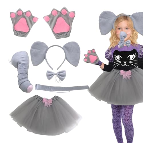 Kinder -Elefantenkostüm -Set - 6 -teiliger Tutu -Rock, Bowtie, Nase, Stirnband, & Schwanz | 3d Grey Animal Throundkleid für Kinder im Alter von 3 bis 14 Jahren, Rollenspiele-Outfit für Themenpa von Xinhuju