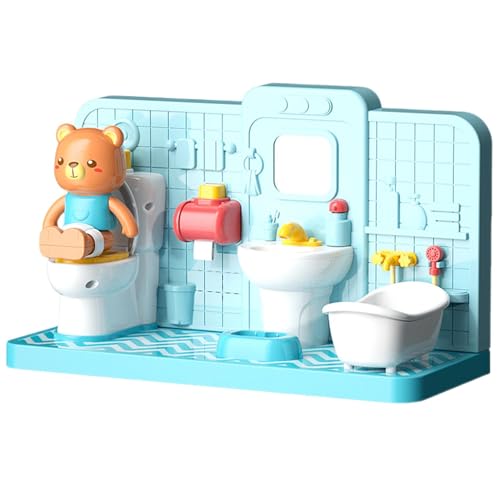 Miniatur-Toilettenspielzeug, Toilettenspielzeug – niedliches Bären-Kinderspielzeug-Badezimmer-Set, Rollenspiel-Toilettenspielzeug, pädagogisches Puppenhaus, lustiges Toilettenpuppenzubehör, Partygesch von Xinhuju