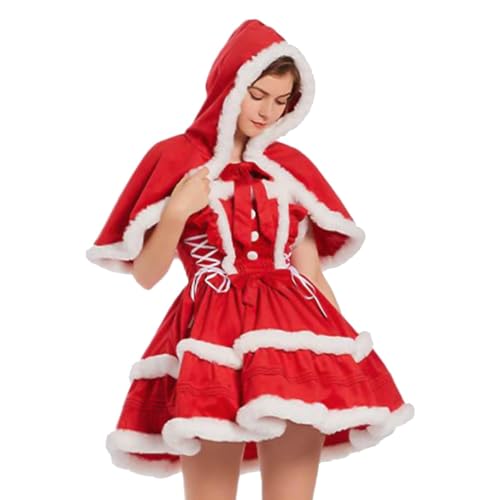 Weihnachtskleid für Damen, warmes Samt-Outfit, Kostüm für Erwachsene, Kleid mit Rock und Kapuzenumhang, Cosplay-Kleidung für Damen, Herren, Freunde, Urlaubspartys, festliches Kostüm von Xinhuju