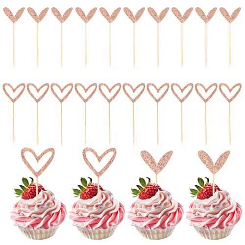 24 Stück Glitter Herz Cupcake Topper Herzen Kuchenaufsatz Roségold Herzen Tortendeko Liebe Cake Topper Geburtstag für Muffins Dekorationen Hochzeit Party Jahrestag Valentinstag Kuchendeko Baby Dusche von Xinjoduz