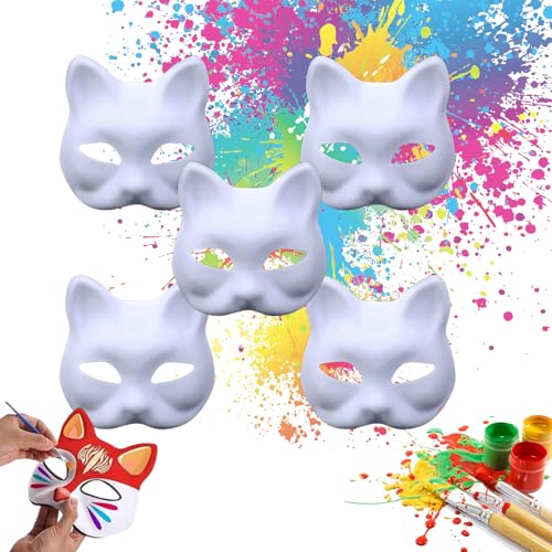 Xinlon 5 Stück Katzenmaske, Therian Mask Weiß, DIY Katzenmaske Masken zum Bemalen Kinder, Handgemalte Cat Maske, Cosplay Maske, Karneval Maske Maskenball für Halloween Party Rollenspiele Kostümpartys von Xinlon