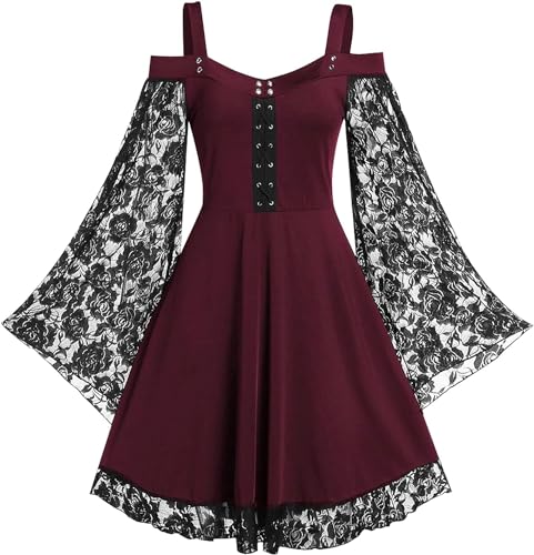 Gothic Kleider Damen Übergröße Halloween Karneval Kleid Spitze Langarm Glockenärmel Rot A-Linie Vintage Mittelalter Renaissance Kleidung von Xinlong