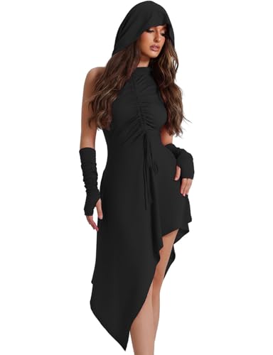 Xinlong Gothic Kleid Damen Cosplay Kostüm Mittelalter mit Cape Kleidung Langarm Renaissance Mit Kapuze Retro Damenkostüm Cosplay für Halloween Karneval von Xinlong