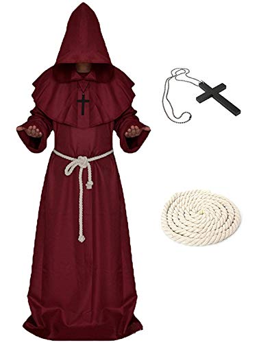 Xinlong Halloween Mönch Robe Priester Kostüm Herren Cosplay Mönchskostüm Mittelalter Renaissance Hooded Mönch Kostüm(XL, Burgunderrot) von Xinlong