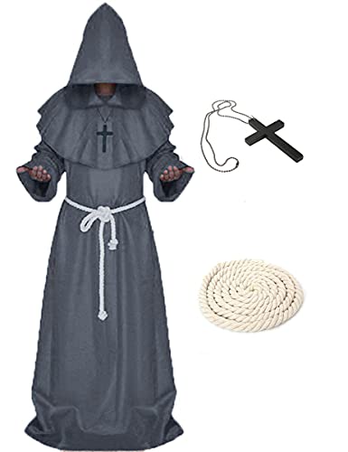 Xinlong Halloween Mönch Robe Priester Kostüm Herren Cosplay Mönchskostüm Mittelalter Renaissance Hooded Mönch Kostüm (S, Grau) von Xinlong