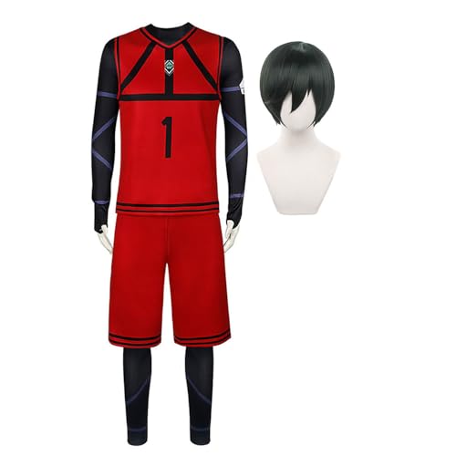 Xinnice Blue Lock Cosplay Kostüm Rin Itoshi Anime Outfit Set Rot Schwarz Fußball Sportbekleidung Halloween Cosplay Perücke für Herren Damen von Xinnice