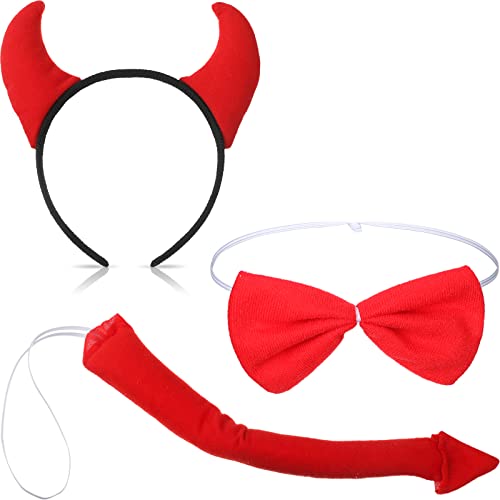 Xinnun 3 Stück Teufelshörner Kostüm Set Teufelshörner Haarreif Teufelsschwanz und Teufel Fliege Halloween Cosplay Accessoires für Karneval Party Verkleidung von Xinnun