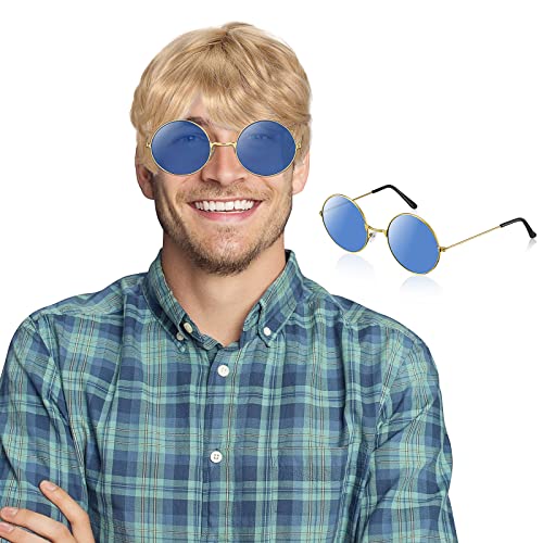 Herren Boyband Perücke Kostüm Kurze Perücken mit Runder Klassischer Sonnenbrille 80er Straße Perücke für 60er 70er 80er Halloween Party Kostüm von Xinnun