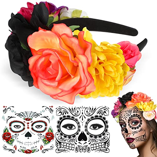 Tag Der Toten Stirnband und Temporäre Gesicht Tattoo, Halloween Blumen Stirnband Zucker Schädel Tattoos Blumen Haarreif Kopfschmuck und 2 Stück Tag Der Toten Skelett Gesicht für Frauen von Xinnun