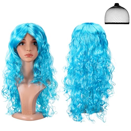 Xinnun 2er-Packung Blau Haar Perücke Lang Cosplay Gelockt Langhaarperücke mit Perückenhaarnetz für Damen und Herren Locken Perücke für Kostümpartys Karneval Halloween(Blau) von Xinnun