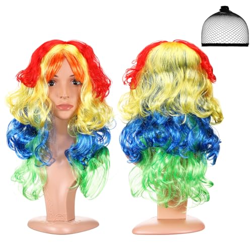 Xinnun 2er-Packung Regenbogen Haar Perücke Lang Cosplay Gelockt Langhaarperücke mit Perückenhaarnetz für Damen und Herren Locken Perücke für Kostümpartys Karneval Halloween(Farbe) von Xinnun