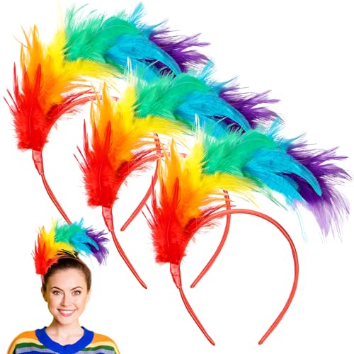 Xinnun 3 Stück Karneval Kopfschmuck Feder Haarreif Buntes Federstirnband für Damen Cosplay Fascinator Stirnbänder Papagei Haarband Regenbogen Feder Kopfschmuck für Ostern Hochzeit Karneval Halloween von Xinnun