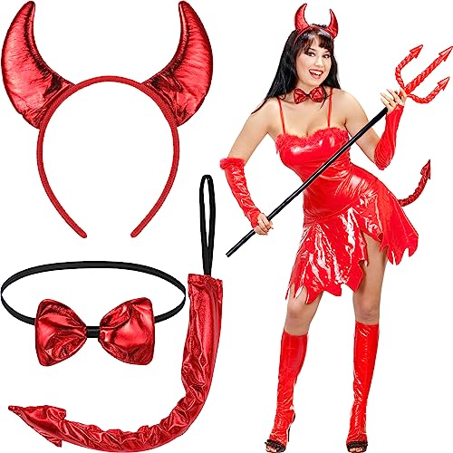 Xinnun 3 Stück Teufelshörner Kostüm Set Teufelshörner Haarreif Teufelsschwanz und Teufel Fliege Halloween Cosplay Accessoires für Mädchen Damen Karneval Party Verkleidung (Rot, Süßer Stil) von Xinnun