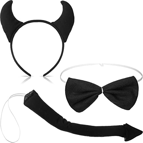 Xinnun 3 Stück Teufelshörner Kostüm Set Teufelshörner Haarreif Teufelsschwanz und Teufel Fliege Halloween Cosplay Accessoires für Mädchen Damen Karneval Party Verkleidung (Schwarz, Frischer Stil) von Xinnun