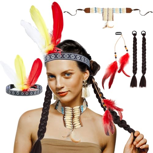 Xinnun 5 Stück Indianer Kostüm Kopfschmuck Set Stirnband Indianer mit Federn Indien Perücke Damen Indien Halskette Schmuck für Karneval Halloween Fasching Mottoparty von Xinnun