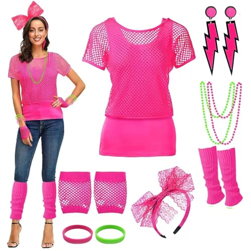 Xintorch 80er Jahre Outfit Damen Kostüm Zubehör Set Fischnetz Neon Schulterfrei T-Shirt Spitze Stirnband Fischnetz für 80er Jahre Party, Rosen-Set, X-Large von Xintorch