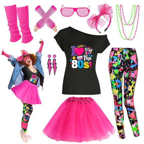 Xintorch 80er Jahre Outfit Damen Kostüm Zubehör Set T-Shirt Leggings Tutu Rock Neno Party Beinstulpen Stirnband, Mehrfarbig, 3XL von Xintorch