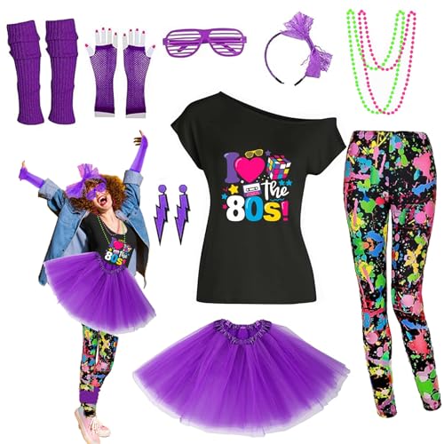 Xintorch 80er Jahre Outfit Damen Kostüm Zubehör Set T-Shirt Leggings Tutu Rock Neno Party Beinstulpen Stirnband, Mehrfarbig, 3XL von Xintorch