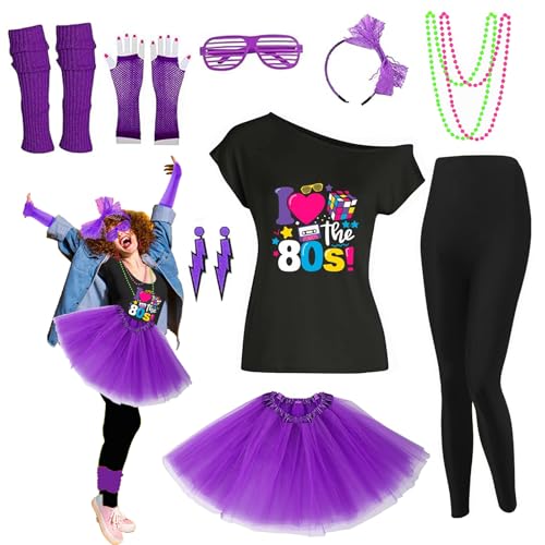 Xintorch 80er Jahre Outfit Damen Kostüm Zubehör Set T-Shirt Leggings Tutu Rock Neno Party Beinstulpen Stirnband, Violett, 3XL von Xintorch