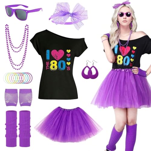 80er Jahre Outfit Damen, 80er Jahre Accessoires Kostüme, Sonnenbrille, Tank Top, Halskette, Ohrring, Netz Handschuhe, 80er Jahre Kleidung für Neon Party Outfit Mottoparty Fasching Karneval, Lila von Xinwanhong