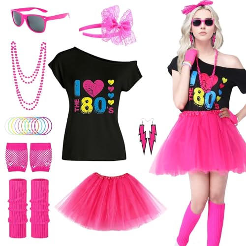 80er Jahre Outfit Damen, 80er Jahre Accessoires Kostüme, Sonnenbrille, Tank Top, Halskette, Ohrring, Netz Handschuhe, 80er Jahre Kleidung für Neon Party Outfit Mottoparty Fasching Karneval, Rosa von Xinwanhong