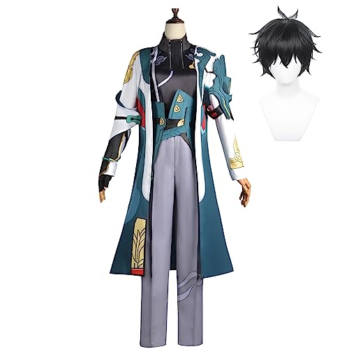 DanHeng Kostüm Cosplay Honkai Star Rail Outfit Cyan-Mantel, graue Hose, komplettes Set für Herren, Uniform, Halloweenanzug + kurze Perücke für Erwachsene, Herren, Party, Festival, Comic-Con, von XiongXiongLe