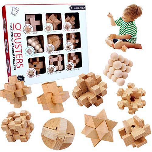 Holz Knobelspiele Set,3D Magic Wooden,9 Stück 3D IQ Puzzle Holz,Geduldspiel aus Holz,Brain Teaser Puzzle,Schwierige Holzspielzeug,Gehirn Holzspiel,Kreatives Denkspiel,Logikspiele von Xionghonglong