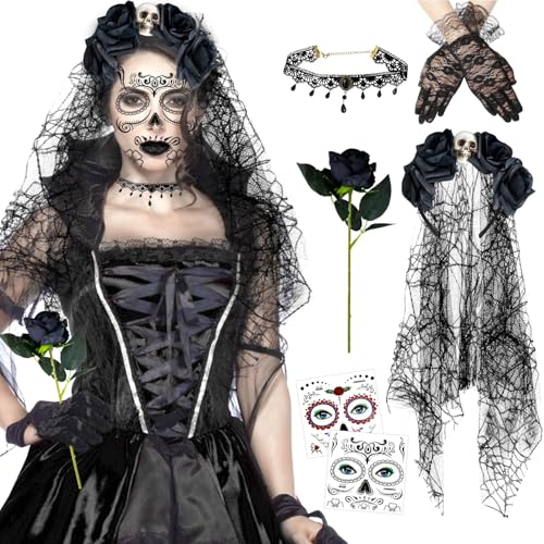 7 Pcs Halloween Kostüm Damen,Dia De Los Muertos Haarreif Schleier,Halloween Haarreif,Künstliche Blumen Rose,Spitzenhandschuhe Schwarz,Halloween Gesicht Tattoos,Halskette,Damen Kostüm Accessoires von Xionghonglong