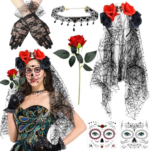 7 Pcs Halloween Kostüm Damen,Dia De Los Muertos Haarreif Schleier,Halloween Haarreif,Künstliche Blumen Rose,Spitzenhandschuhe Schwarz,Halloween Gesicht Tattoos,Halskette,Damen Kostüm Accessoires von Xionghonglong