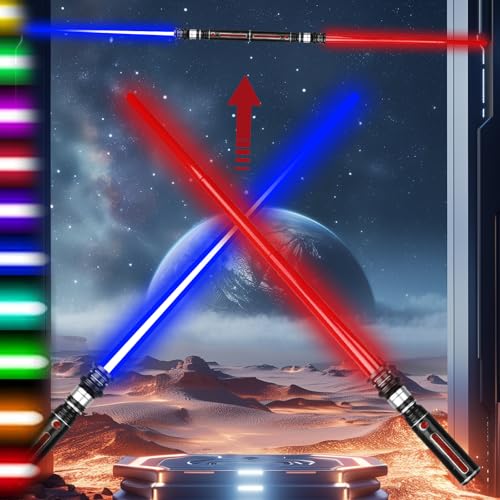 Xiujuers 2 Stück Laserschwert Kinder, 2 in 1 Star Wars Lichtschwert, Duell Lichtschwerter, Lichtschwert Doppelklinge mit 7 Farben und Soundeffekten, für Halloween Cosplay Verkleidung, Partygeschenke von Xiujuers