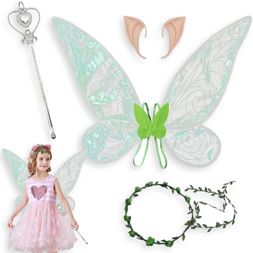 Xiujuers 4 Stück Schmetterling Kostüm Kinder, Feenflügel Kinder, Schmetterling Kostüm Set, Schmetterling Kostüm Mädchen, Feen Flügel, Geeignet Halloween, Karneval, Cosplay Party (Grün) von Xiujuers