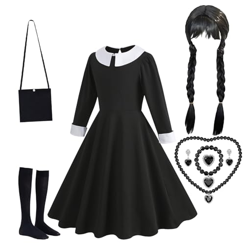 Xiujuers 5 Stück Wendsdey Kostüm Kinder, Wendsdey Kostüm Mädchen mit Perücke, Strümpfe, Tasche, Halskette, Wendsdey Kleid Kinder, Wendsdey Kleid Mädchen, Geeignet Halloween, Karneval, Cosplay (130) von Xiujuers