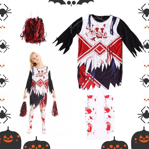 Xiujuers Zombie Cheerleader Kostüm Mädchen, Horror Cheerleader Kostüm mit Strümpfen e Pompoms, Cheerleader Kostüm Kinder Halloween, Halloween Kostüm Mädchen, Geeignet Halloween Party e Karneval (L) von Xiujuers