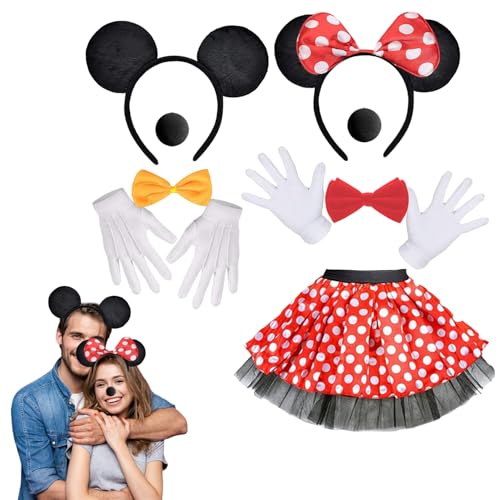 Xiujuers Damen Maus Mouse Kostüm, Micky Maus Kostüm Set, Maus Ohren Haarreif mit Handschuhe, Nase, Binden, Mini Maus Kostüm Damen, Micky Maus Kostüm Damen, Geeignet Karneval, Cosplay Party von Xiujuers