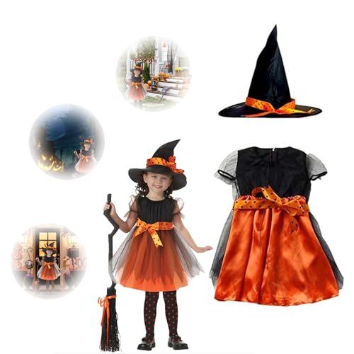 Xiujuers Halloween Hexenkostüm Kinder, Halloween Kostüm Kinder Hexe, Halloween Kostüm Mädchen Hexe, Hexenkleid Mädchen, Hexenkostüm Mädchen für Karneval Halloween Fasching Cosplay Party (L(120)) von Xiujuers