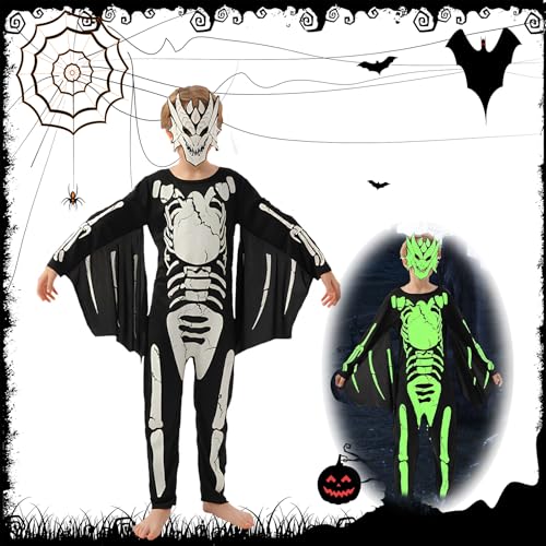 Xiujuers Halloween Skelett Kostüm Kinder, Skelett Overall Kinder mit Maske und Schwanz, Skelett Kostüm Kinder Leuchtend, Skelett Kostüm Jungen, Skelett Anzug Kinder, Skeleton Costum (XL) von Xiujuers