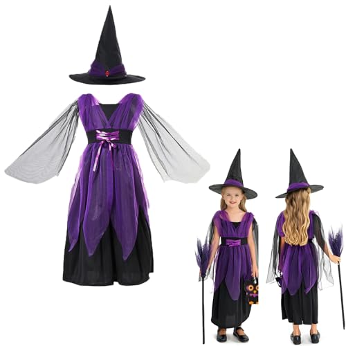 Xiujuers Hexen Kostüm Kinder, Karneval Kostüm Mädchen, Hexen Kostüm Mädchen, Halloween Witch Costume Kids, Mädchen Hexen Kostüm, Hexen Kostüm Kinder Mädchen, Fasching Hexenkostüm (L(120)) von Xiujuers